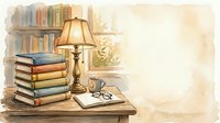 Stacked vintage books with brass lamp, reading glasses and cup on wooden desk near window with bookshelf, suitable for education and literature themes.