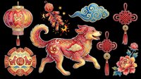 Lunar new year dog with lanterns, gingerbread figure, cloud, knots, medallion and flowers isolated on transparent background. Ready for t-shirt design, clipart, stickers and print-on-demand projects.