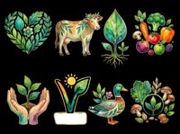 Organic farm and agriculture icons set with cow, vegetables, plant seedling, hands holding sprout, duck, and leaf heart isolated on transparent background. Ready for t-shirt design, clipart, stickers, and print-on-demand products.