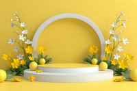 Yellow and white round podium with spring flowers and lemons on monochromatic background. Minimal product display platform decorated with floral elements.