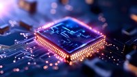 Glowing microprocessor on circuit board with purple and blue light effects, electronic components and digital connections visible in macro photography.