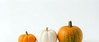 Three autumn pumpkins in orange and white colors arranged on clean white background, seasonal harvest decoration for fall holidays and thanksgiving.