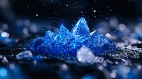 Glowing blue crystal formation on dark background with bokeh effect and magical sparkles, macro photography showing mineral structure and light reflection.