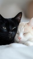 Black and white cats cuddling together, showing contrast between dark and light fur. Close-up portrait captures peaceful feline companionship and tender moment.