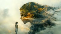 Artistic double exposure portrait blending feminine silhouette with misty mountain landscape and flowing hair, creating dreamy surreal atmosphere at golden sunset.