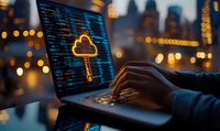Glowing cloud key icon on laptop screen with programming code against blurred city lights background, symbolizing cloud security and data protection solutions.
