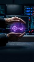 Male hands holding glowing neon key symbol with digital data stream, representing cybersecurity, encryption, access control, and data protection in modern technology environment.