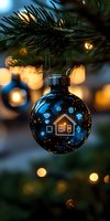 Black Christmas ornament with smart home icons glowing against evergreen branches and warm bokeh lights, representing modern holiday technology integration.