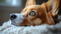 Close-up portrait of red and white border collie dog with bright blue eyes resting on soft white blanket, showing attentive and loyal expression in natural lighting.