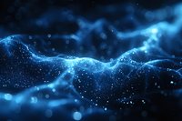 Abstract digital wave of glowing blue particles and light effects on dark background, perfect for technology, innovation, and data visualization projects.
