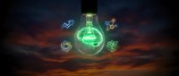 Glowing lightbulb with neon green energy and floating business icons against dramatic sunset sky, representing innovation and growth strategy.