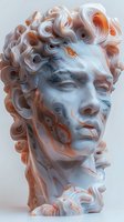 Abstract marble-like sculpture of face with swirling orange and white patterns creating fluid, dynamic textures across classical bust form. Artistic modern interpretation.