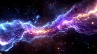Cosmic energy waves with vibrant purple and blue lightning bolts against dark space background, glowing nebula effect with magical ethereal light streams.