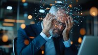 Stressed African American businessman with digital neural network overlay showing mental pressure. Conceptual visualization of burnout and information overload.