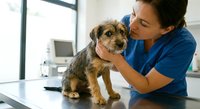 Female veterinarian in blue scrubs examining small mixed breed puppy during health checkup at modern animal clinic for pet care and wellness.