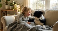 Young blonde woman in cozy sweater cuddling with black and white border collie dog on beige sofa in warm living room with natural light and plants.