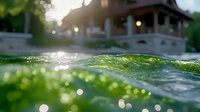 Underwater split view of green algae bloom in lake water with sunlight bokeh and lakeside house in background, environmental concept for water pollution.