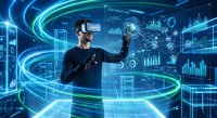 Young Asian businessman using VR headset interacting with holographic data analytics dashboard in futuristic digital environment with glowing blue interface elements.