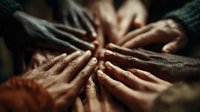 Diverse group of hands joining together in unity and teamwork gesture showing collaboration, partnership and community support in warm lighting.