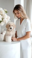 Young blonde woman in white outfit smiling at golden retriever puppy on modern white table with flowers in bright minimalist interior for lifestyle content.