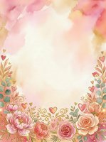 Watercolor floral frame with pink roses, peonies, and decorative hearts on cream background. Isolated design ready for invitations, greeting cards, and wedding stationery projects.