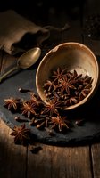 Aromatic star anise and cloves spilling from rustic ceramic bowl on dark wooden surface with vintage spoon and burlap sack creating warm culinary atmosphere.