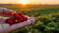 Fresh ripe strawberries in cupped hands at golden hour sunset over agricultural field. Organic berry harvest concept for healthy eating and farming.