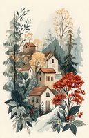 Cozy mountain village nestled among evergreen trees and autumn foliage, with small houses scattered on hillside, featuring red maple and pine trees in watercolor style.