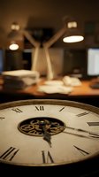 Vintage clock face with Roman numerals in foreground of blurred modern office workspace with desk lamp and documents creating time management concept.