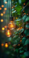 Glowing light bulbs hanging among green leaves with magical bokeh lights in background, creating cozy garden atmosphere for outdoor decoration design.