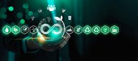 Businessman hand presenting circular economy concept with green recycling icons and sustainable business symbols on dark background.
