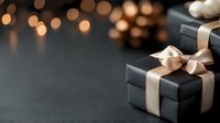 Elegant black gift boxes with beige satin ribbons and bows on dark background with golden bokeh lights creating festive luxury atmosphere for special occasions.