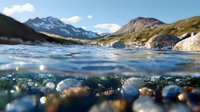 Split view of crystal clear mountain lake water with smooth pebbles underwater and snow-capped peaks rising above surface against blue sky background.