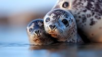 Two spotted seal pups close together in water, showing curious expressions with large dark eyes and spotted coats. Wildlife photography capturing tender moment.