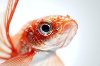 Close-up macro shot of orange and white goldfish face showing detailed eye, scales and fins against light background. Aquatic life photography for nature themes.