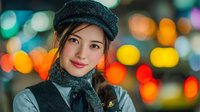 Young Asian woman wearing knit beret and scarf smiling at camera with colorful bokeh city lights background at night for lifestyle and fashion concepts.