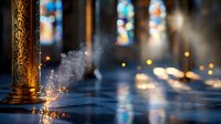 Atmospheric church interior with rising incense smoke and golden sunlight streaming through stained glass windows, creating mystical bokeh effect and reflections.
