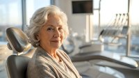 Senior Caucasian woman sitting in modern dental office chair smiling confidently at camera. Professional healthcare setting with equipment visible.