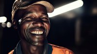Candid portrait of African American man wearing baseball cap and orange safety vest, displaying genuine laughter with bright smile against dark background.