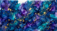 Vibrant abstract watercolor background with flowing purple, teal, and blue hues accented by gold foil splashes, perfect for modern design projects.
