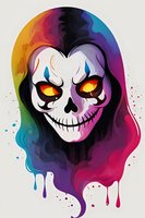 Colorful skull in hood with glowing orange eyes against rainbow dripping background, gothic fantasy art style for Halloween designs and dark themed projects.