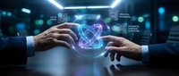 Two business professionals reaching toward glowing digital brain hologram with AI interface icons representing artificial intelligence collaboration.