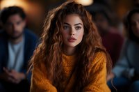 Young woman with curly brown hair wearing orange sweater sitting in crowded room with blurred people in background during social gathering or event.