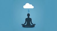 Silhouette of person in lotus meditation pose with white cloud above on blue background for mindfulness and wellness concepts.