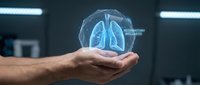 Caucasian male healthcare professional holding glowing digital lungs hologram in laboratory setting, representing respiratory system innovation and medical technology advancement.