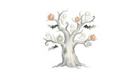 Spooky Halloween tree with cute ghosts and pumpkins on white background. Watercolor autumn decoration for seasonal designs and holiday projects.