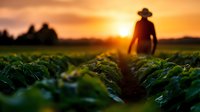 Male farmer walking through green crop field at golden sunset with warm orange sky and silhouette figure inspecting agricultural land for farming and harvest concepts.