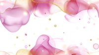 Soft pink watercolor waves with golden glitter splashes and delicate bubbles flow across white background, creating dreamy abstract art pattern.