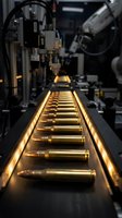 Automated ammunition production line with golden bullets on illuminated conveyor belt in modern manufacturing facility for defense industry applications.