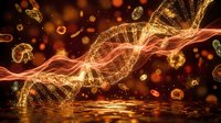 Glowing DNA helix with golden particles flowing through dark space, representing genetic research, biotechnology, and scientific innovation in molecular biology.